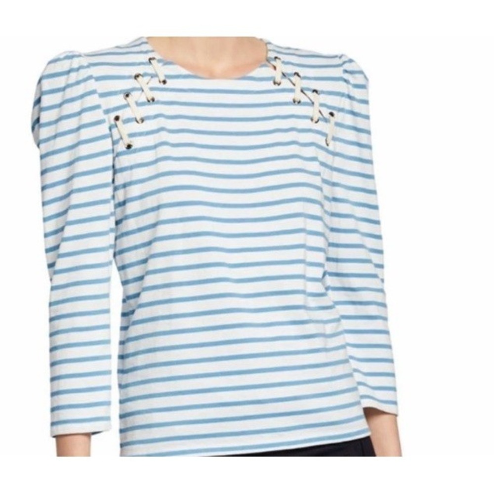 Veronica Beard Jeans Blue White Breton Stripe Lace-Up Long Sleeve Cotton‎ Top M